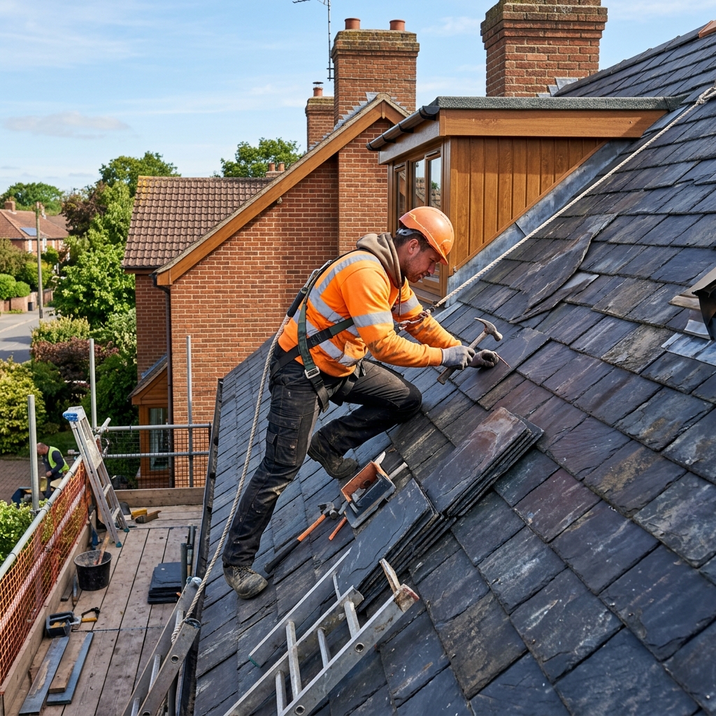 MJP roofer working on slate